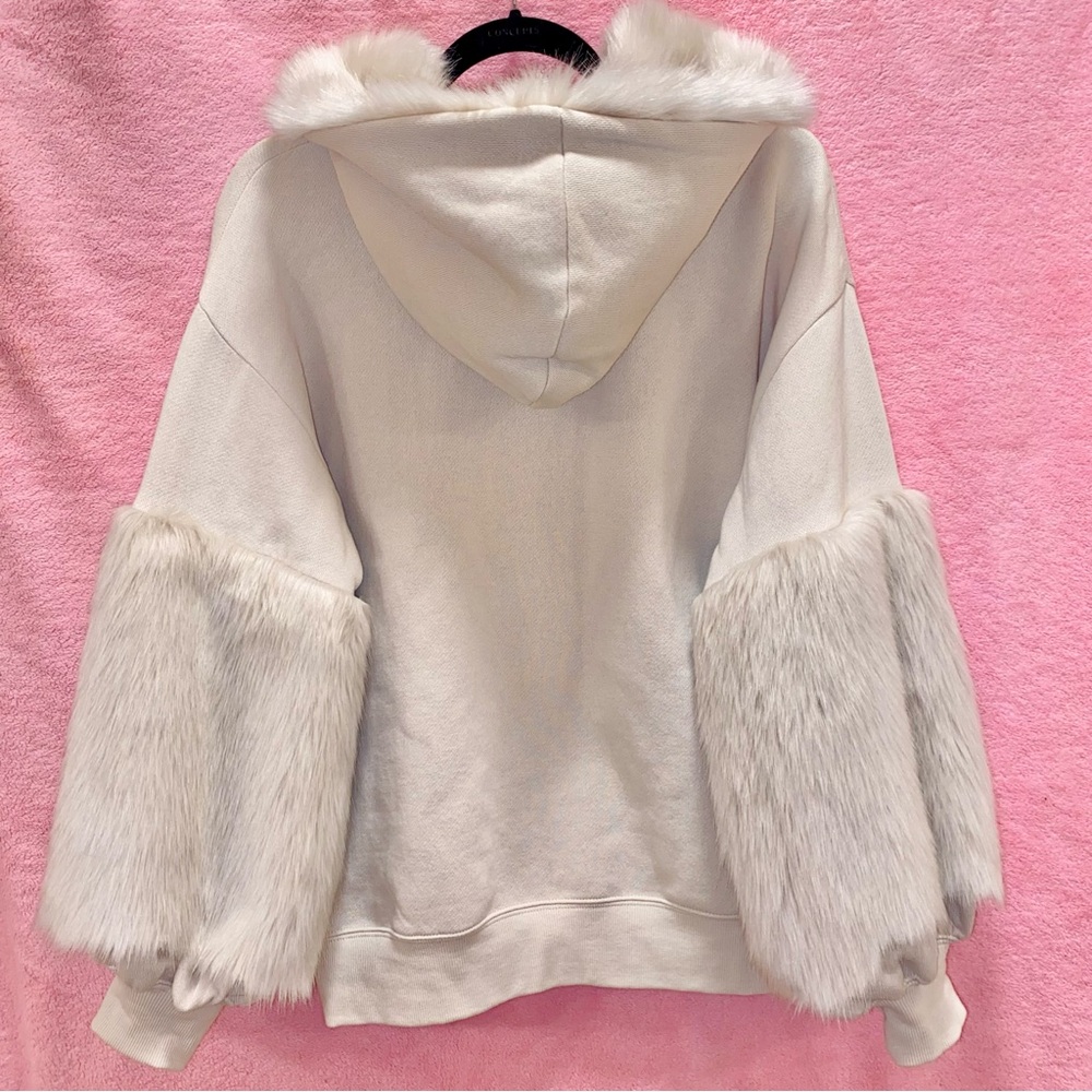 Express White Faux Fur Trim Sleeves Hoodie Sweatshirt Small Furry Christmas Gift - Picture 10 of 15